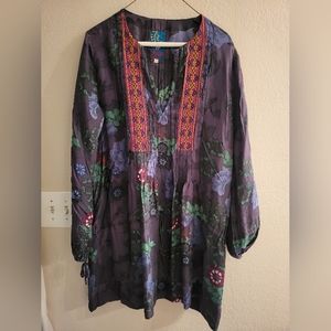 Johnny Was Rayon Plum Lace Necline Floral Embroidered Tunic Blouse/Dress Sz M